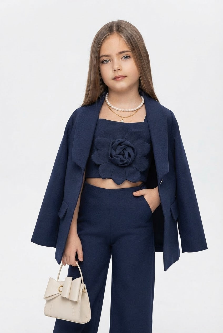 Navy Blue 3-Piece Floral Co-ord Set (Jacket + Crop Top + Trouser) – Girls