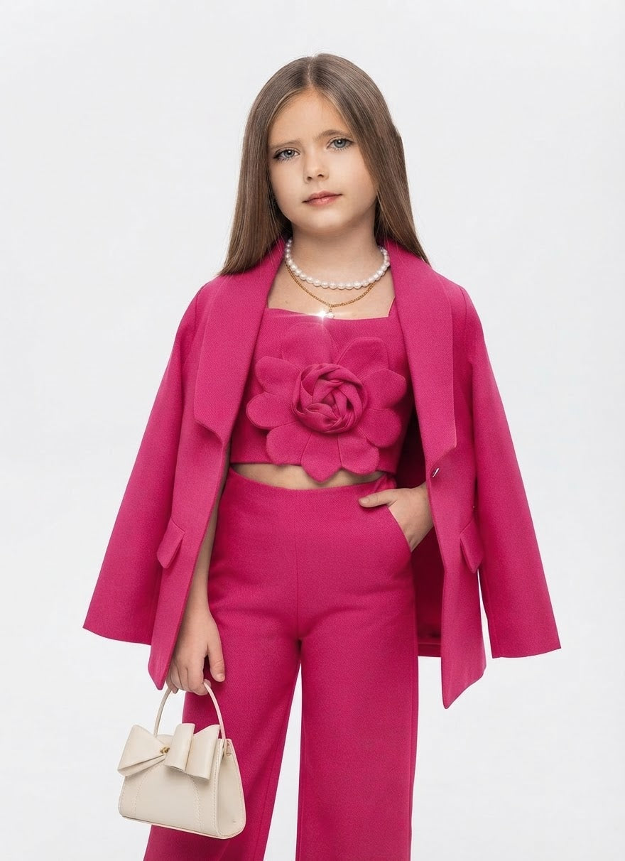 Hot Pink 3-Piece Floral Co-ord Set (Jacket + Crop Top + Trouser) – Girls