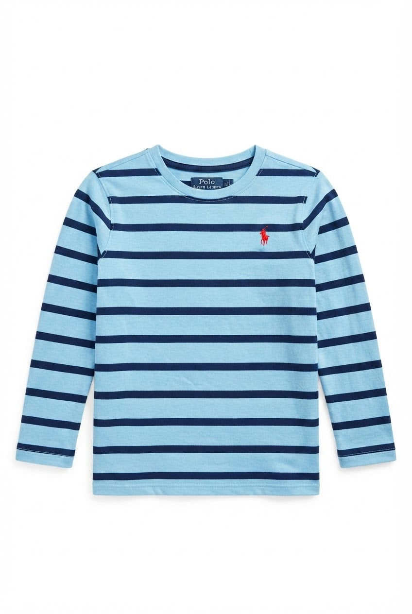 Boys Striped Full Sleeve T-Shirt – Sky Blue & Navy