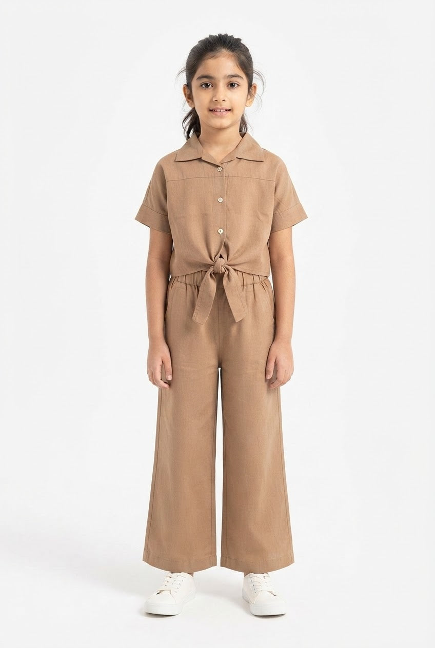 Khaki Tie-Front Co-Ord Set for Girls