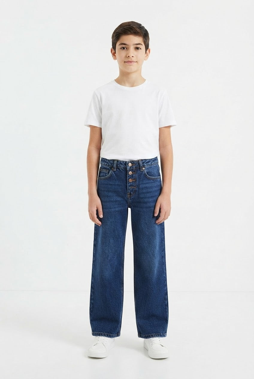 Boys' Dark Blue Wide-Leg Button-Fly Jeans – 29" Length / 20" Waist