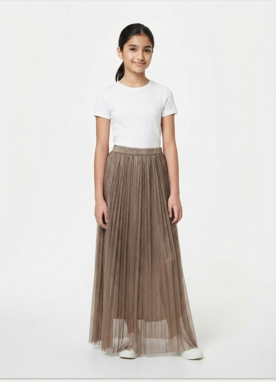 Girls' Mocha Pleated Tulle Maxi Skirt – 32 Inches Length