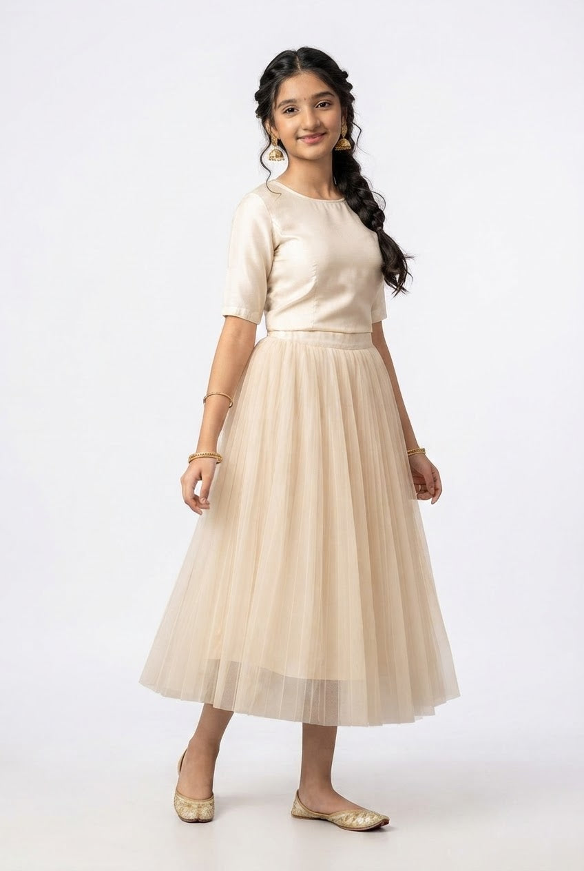 Girls' Cream Satin & Tulle Maxi Skirt