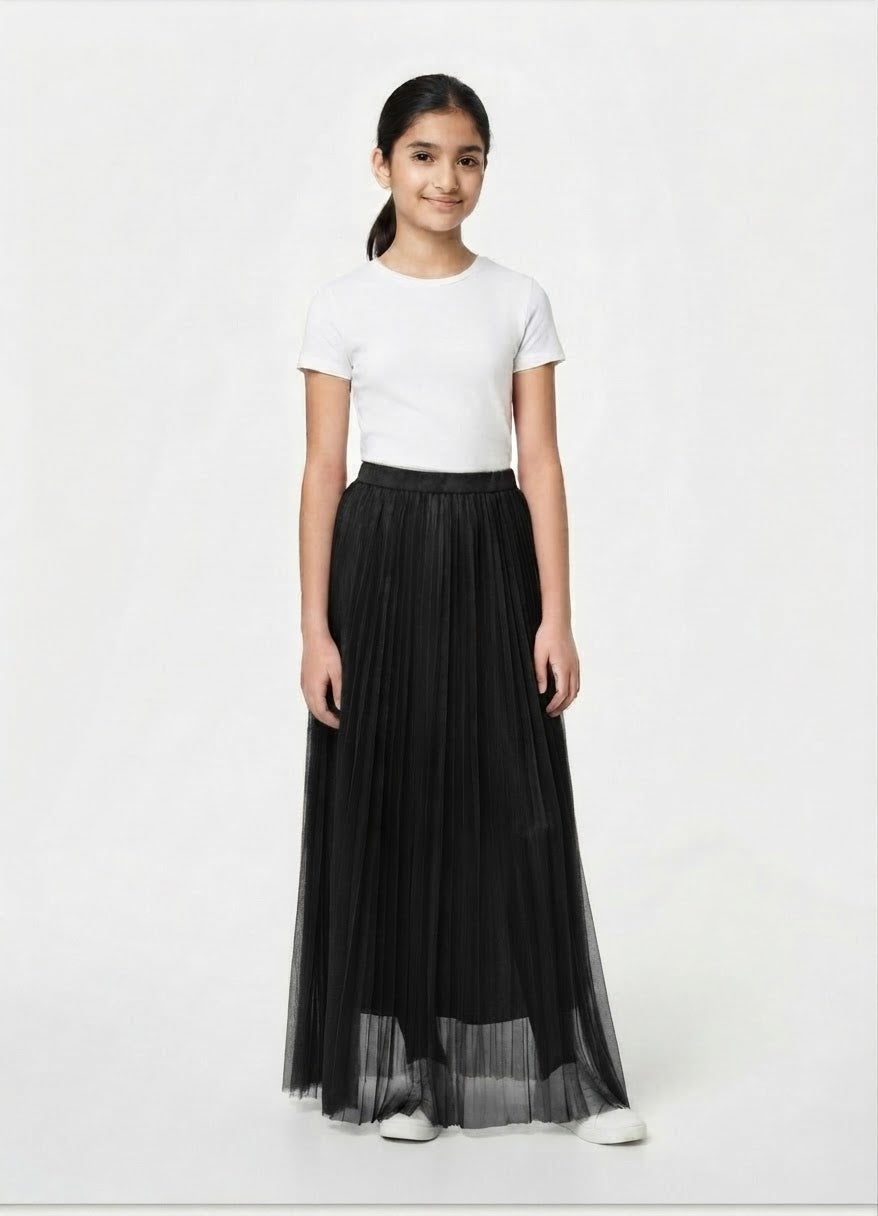 Girls' Black Pleated Tulle Maxi Skirt – 32 Inches Length