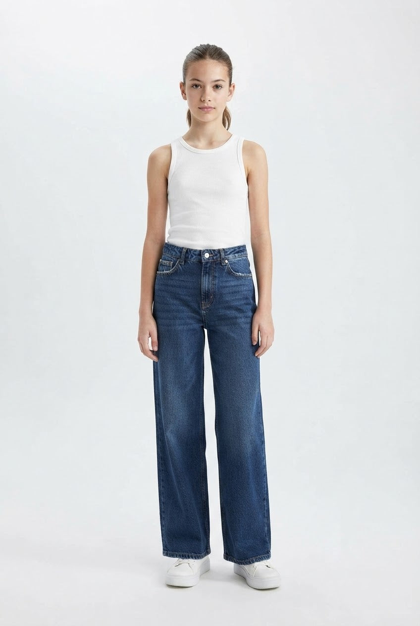 Girls Wide Leg Dark Blue Denim Jeans
