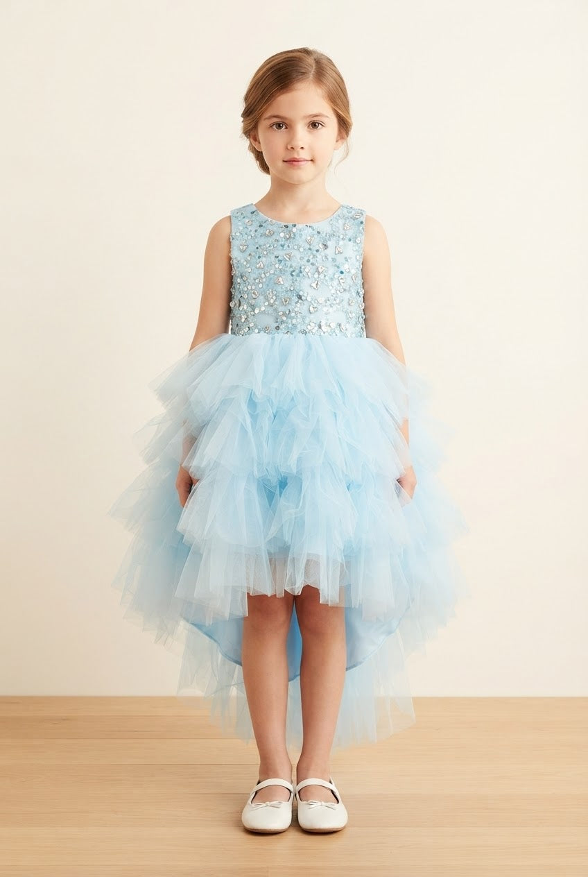 Girls' Sparkly Sequin & Tiered Tulle High-Low Party Dress with Satin Bow Back