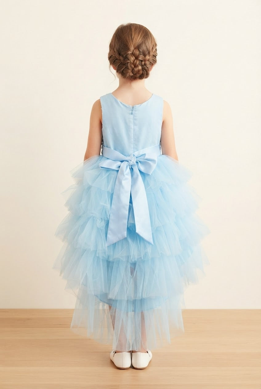 Girls' Sparkly Sequin & Tiered Tulle High-Low Party Dress with Satin Bow Back