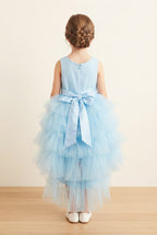 Girls' Sparkly Sequin & Tiered Tulle High-Low Party Dress with Satin Bow Back