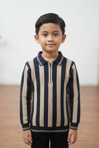 Boys' Striped Long-Sleeve Quarter-Zip Polo Shirt in Navy and Beige