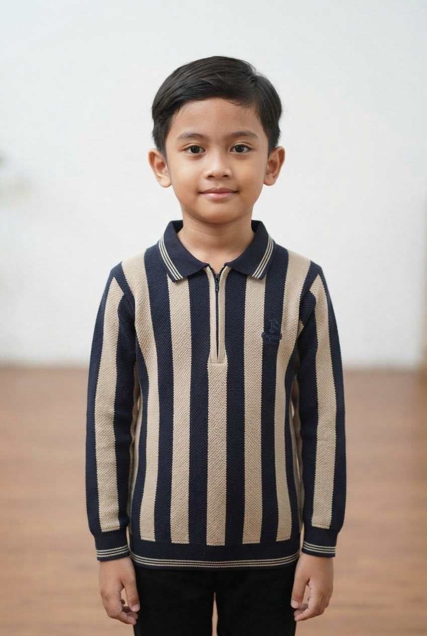 Boys' Striped Long-Sleeve Quarter-Zip Polo Shirt in Navy and Beige