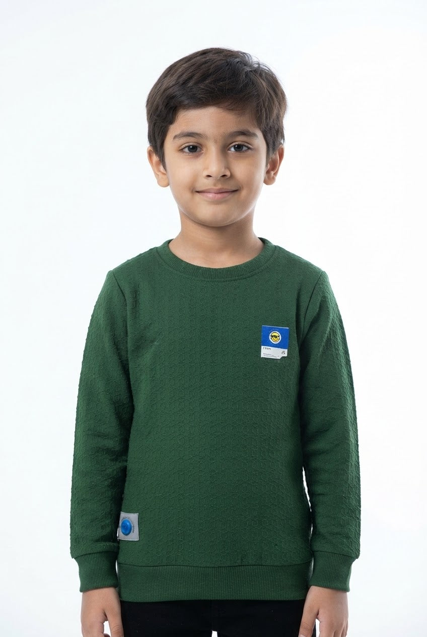Boys Dark Green Textured Pullover Sweatshirt with Chest & Hem Branding