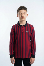 Product Title: Boys Red & Navy Striped Full-Sleeve Polo Shirt with Focus Branding