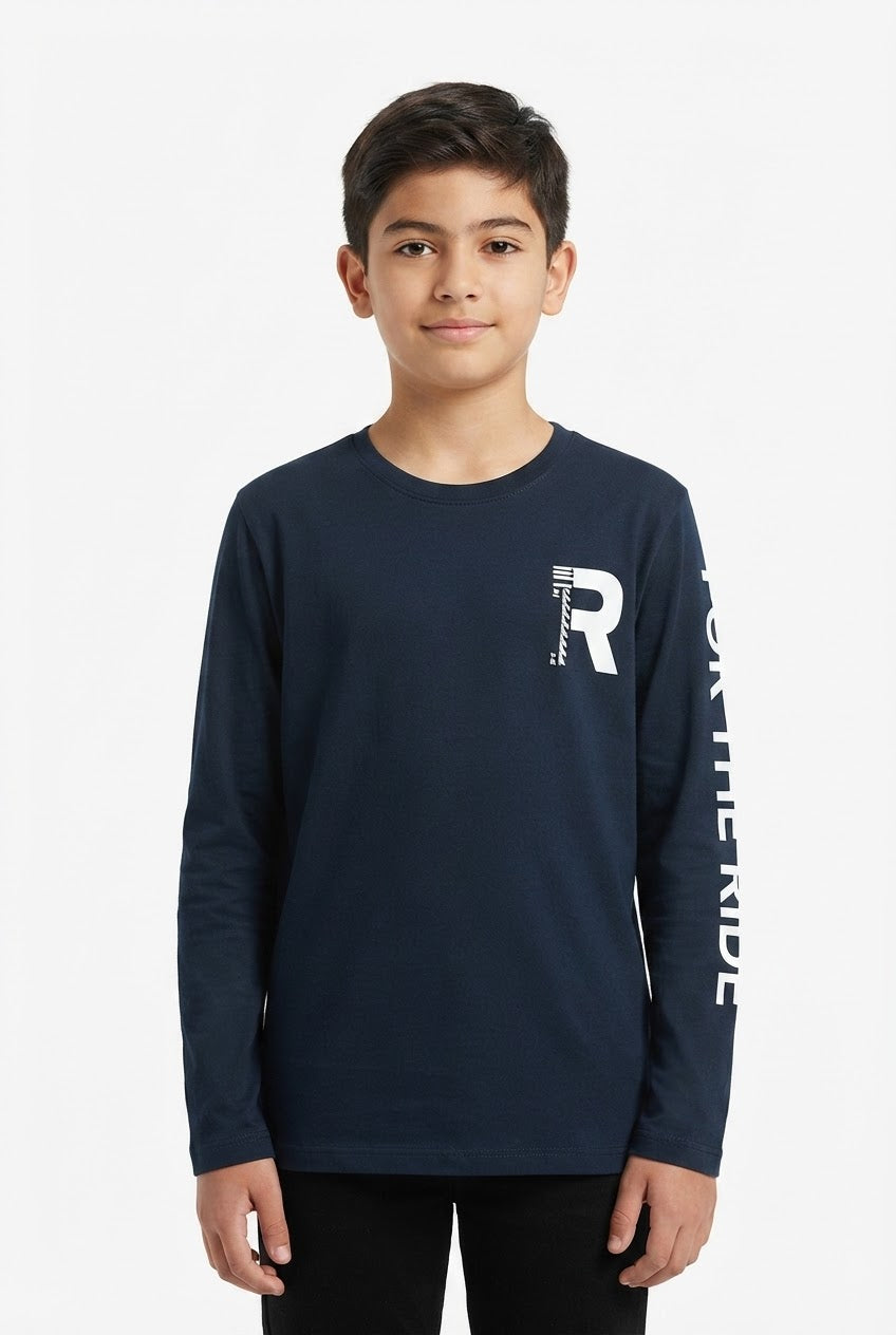 Boys Navy Blue Long-Sleeve T-Shirt with White Sleeve Lettering and 'R' Chest Logo