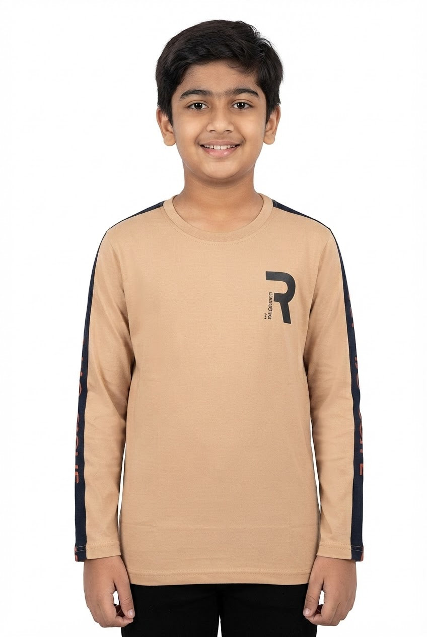 Premium Beige Graphic Long-Sleeve T-Shirt for Boys