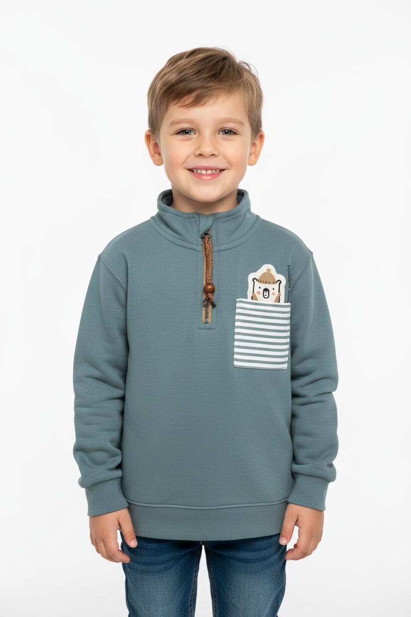 Boys Slate Blue Quarter-Zip Sweatshirt with Bear Pocket length of shirt is 17 inches sleeves and his 12 inches please include this in description