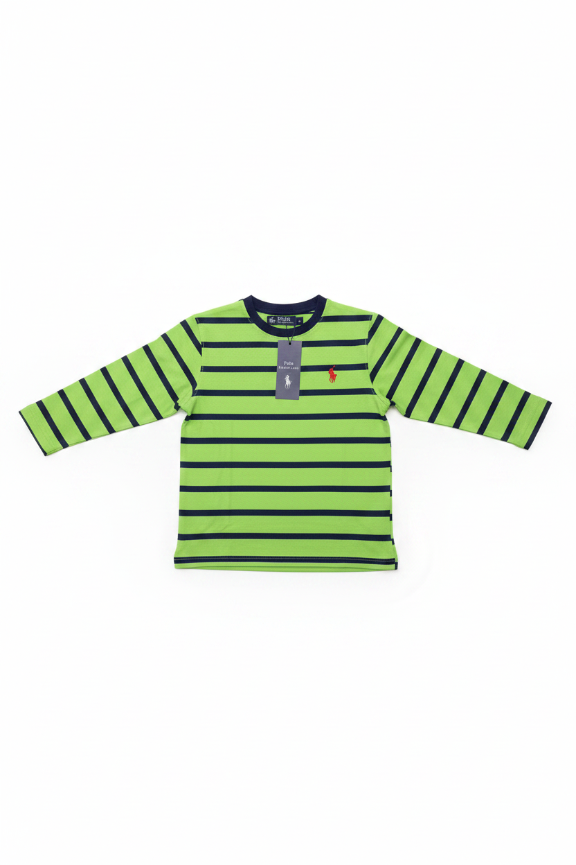 Boys Lime Green & Navy Striped Full Sleeve T-Shirt