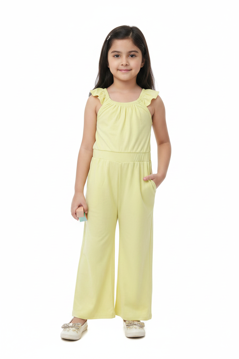 Girls Light Yellow Sleeveless Wide-Leg Jumpsuit