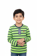 Boys Lime Green & Navy Striped Full Sleeve T-Shirt