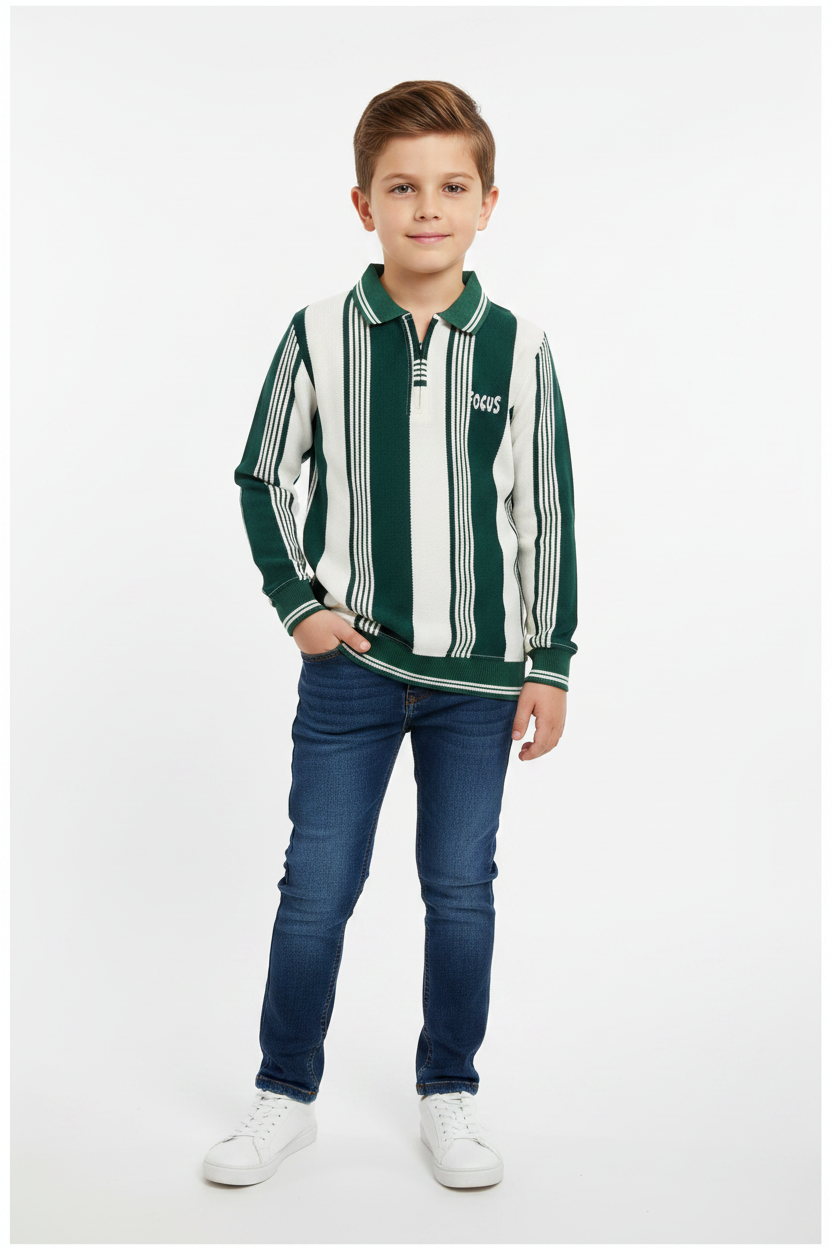 Focus Boys Striped Knit Polo Shirt – Green & White (5 Years)