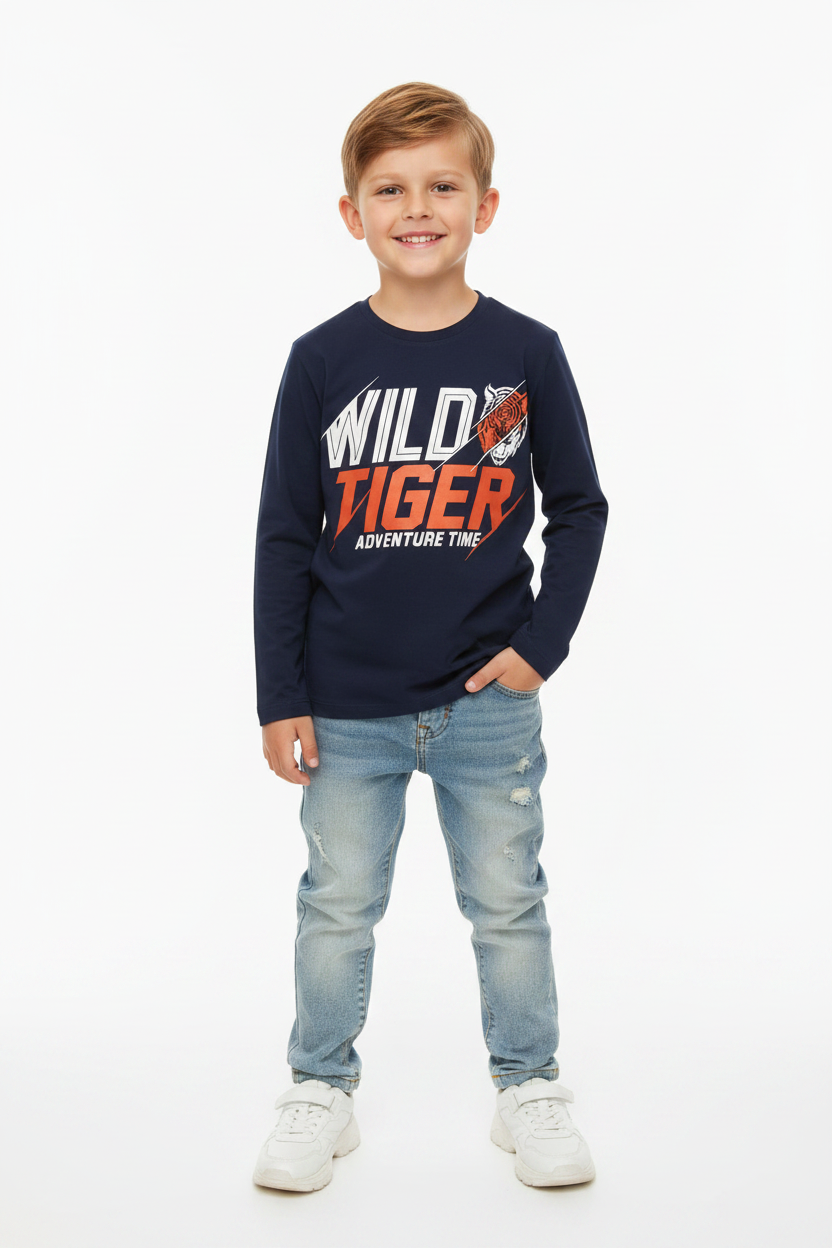 Boys "Wild Tiger" Graphic Long Sleeve T-Shirt – Navy Blue (5 Years)