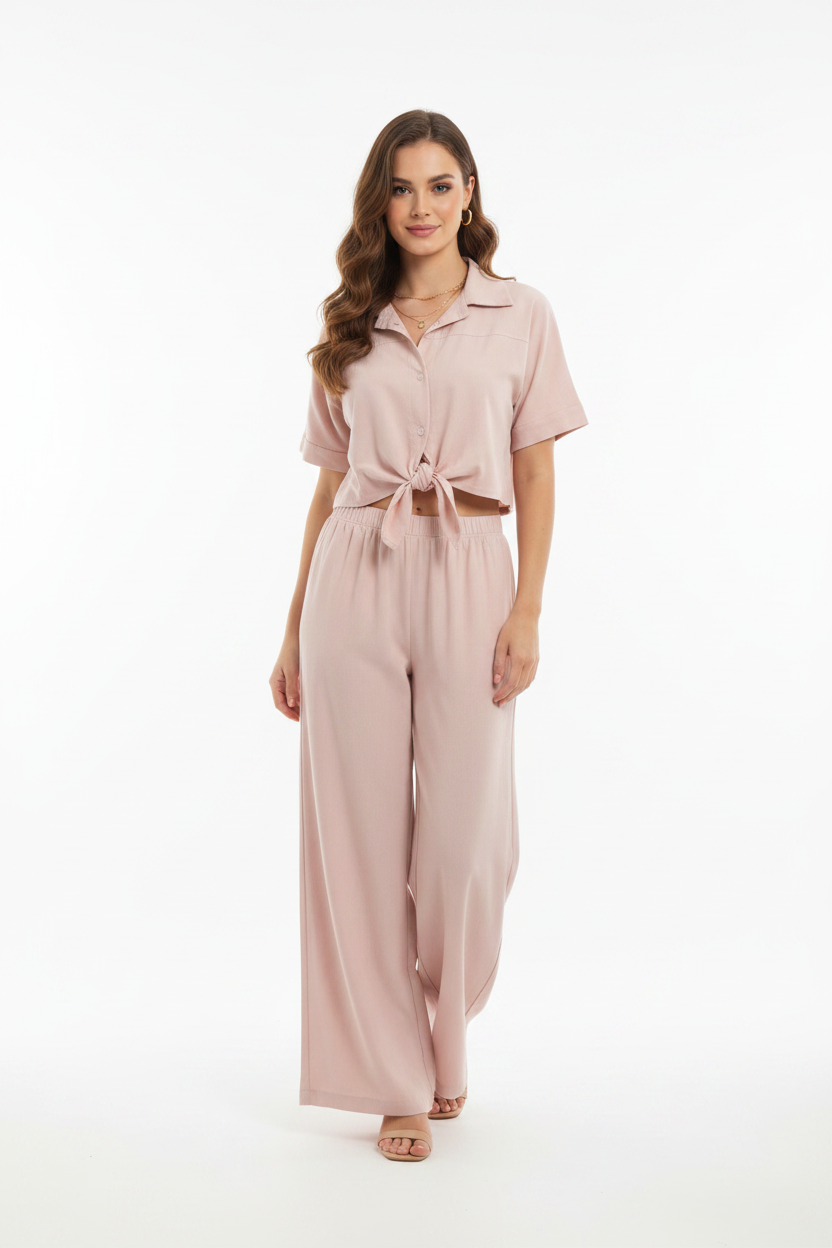 Dusty Pink Co-ord Set – Tie-Front Crop Top & Palazzo Pants