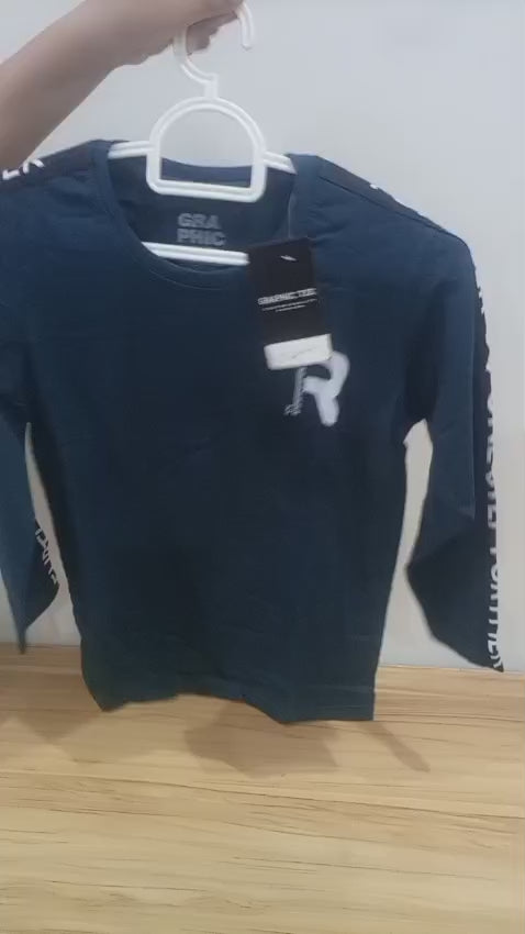 Boys Navy Blue Long-Sleeve T-Shirt with White Sleeve Lettering and 'R' Chest Logo