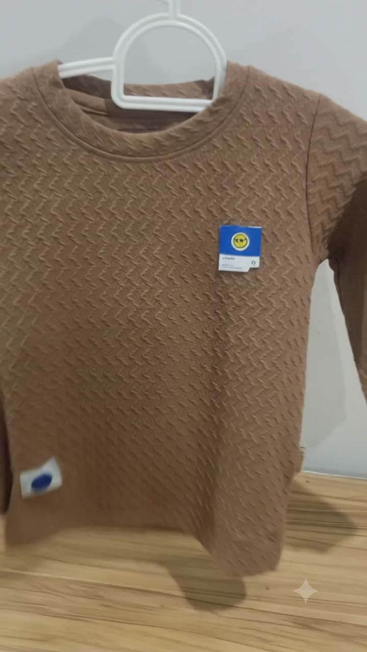 Product Title: Boys Textured Brown Full-Sleeve Sweatshirt with Pocket Tag Detail