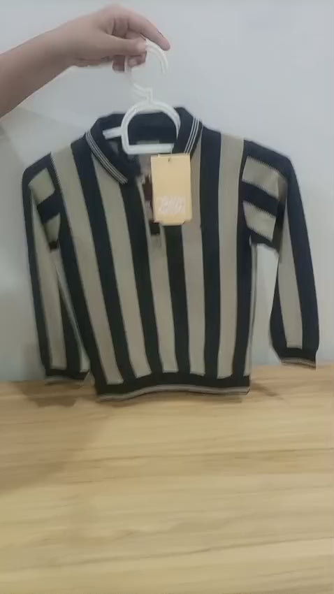 Boys' Striped Long-Sleeve Quarter-Zip Polo Shirt in Navy and Beige