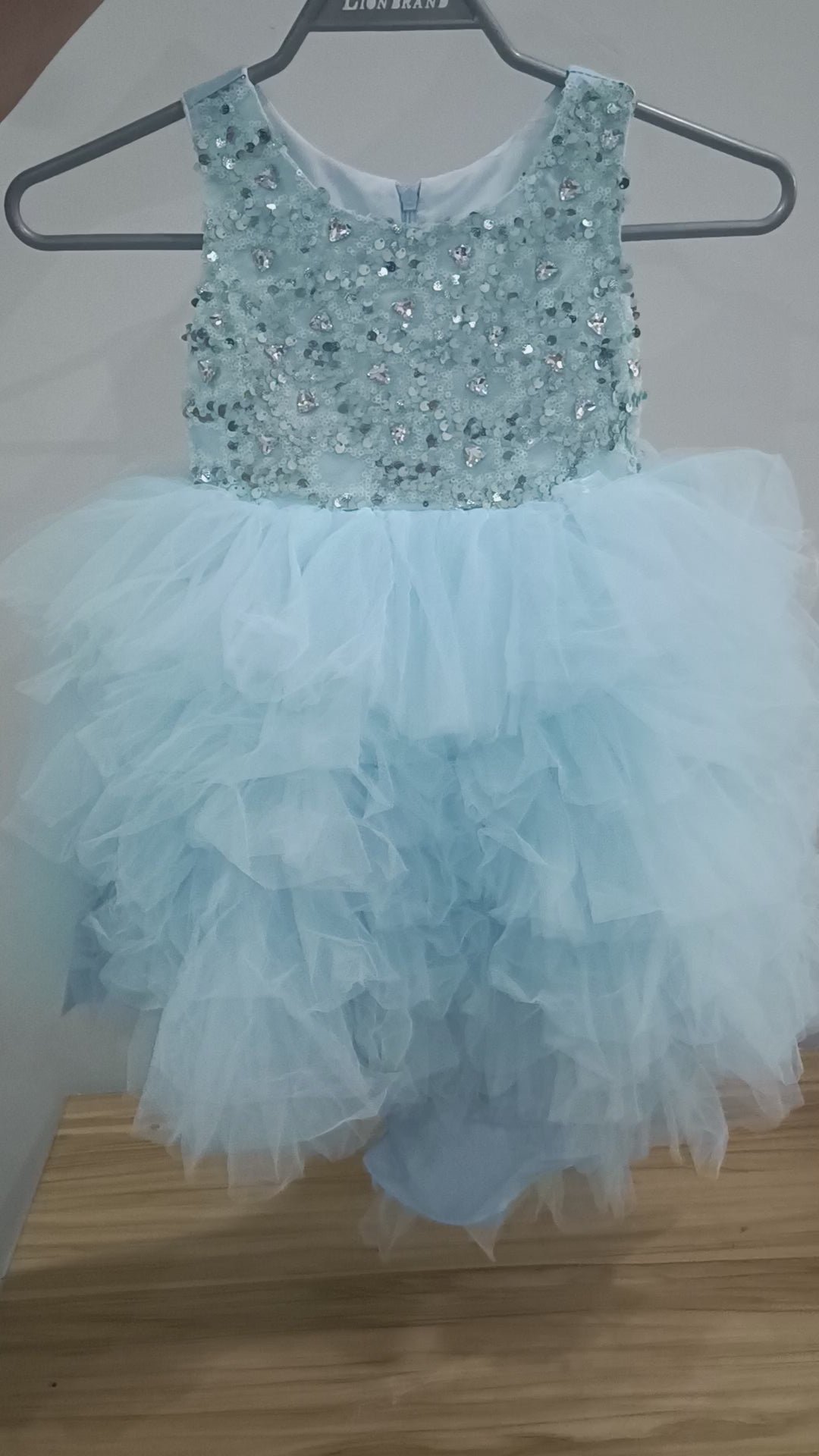 Girls' Sparkly Sequin & Tiered Tulle High-Low Party Dress with Satin Bow Back