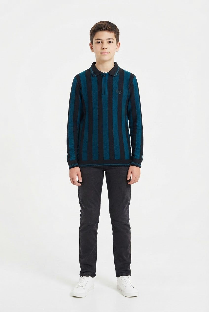 Outfitt Boys' Teal & Black Striped Long-Sleeve Polo Shirt with Matching Trousers